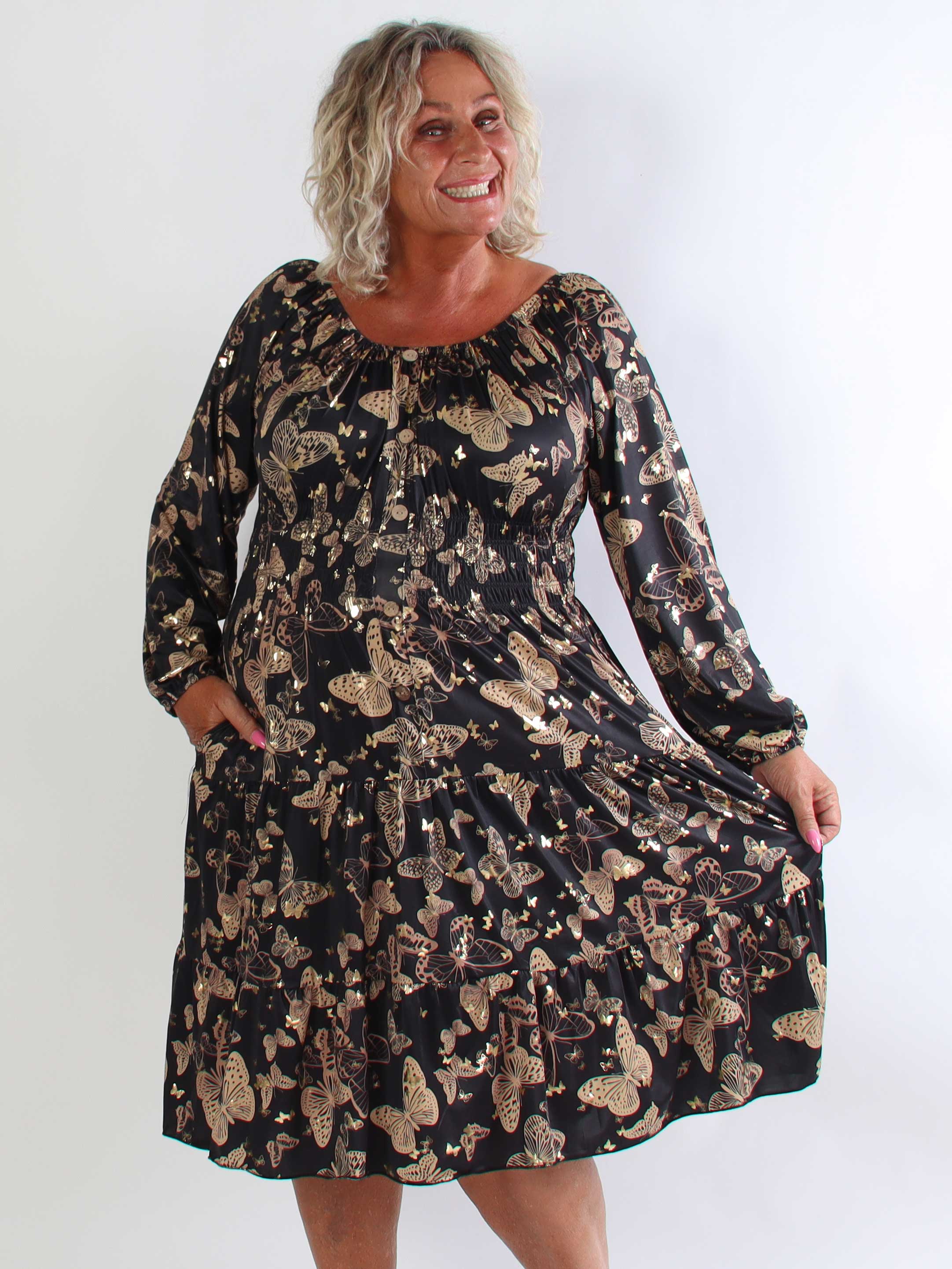 Tea Butterfly L/S - Plus size kjole med elastik i livet og sommerfugleprint
